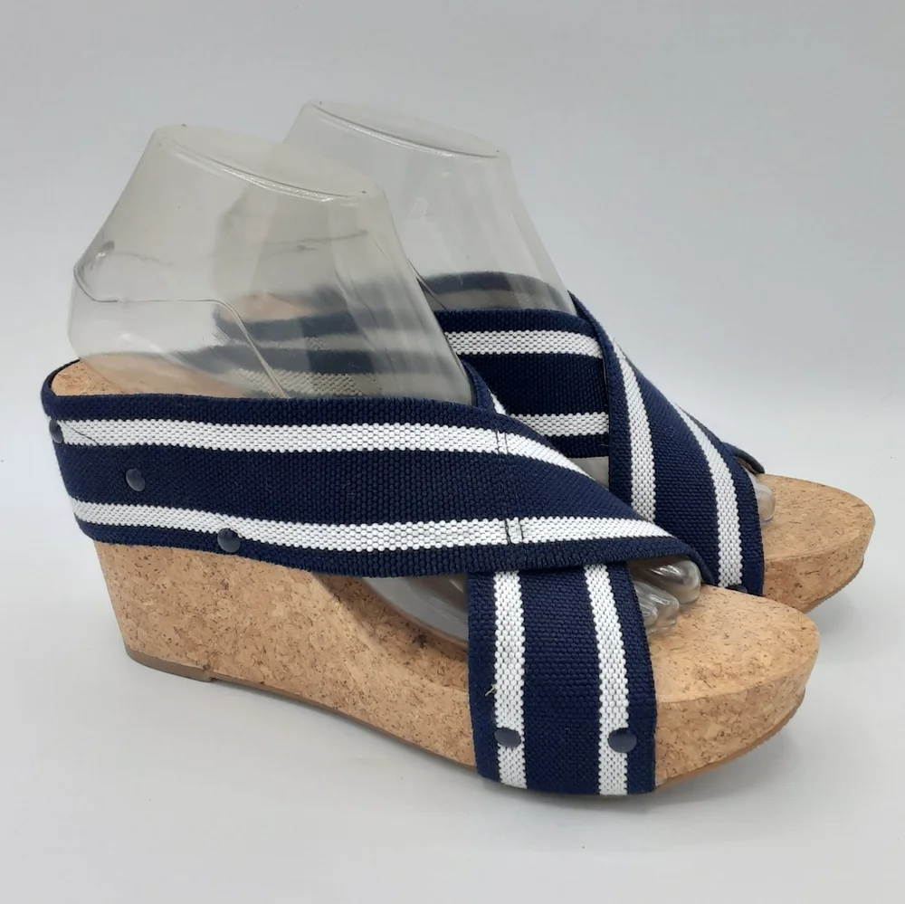 Lucky Brand Miller2 Navy Striped Cork Wedge Sandals